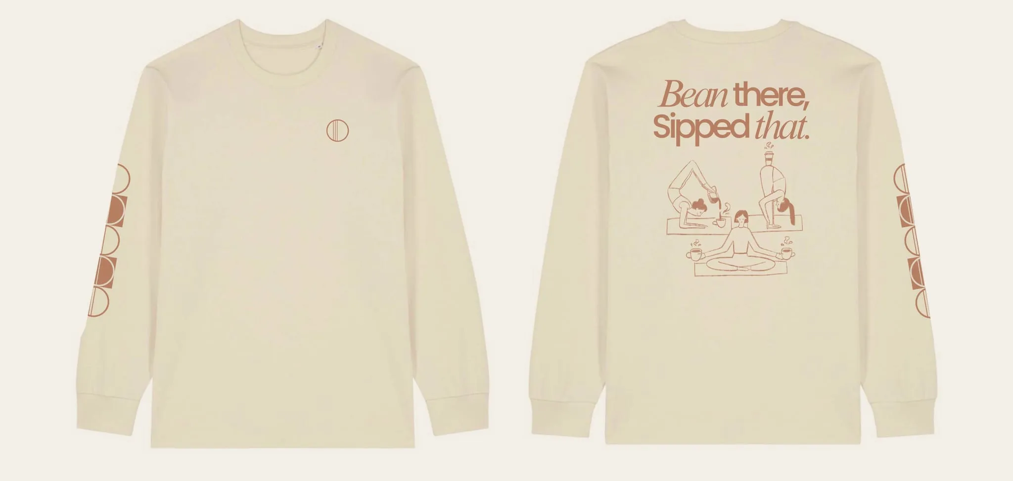 Longsleeve WORK IT w kolorze Natural Raw — przód z haftem i tył z napisem „Bean there, Sipped that.”